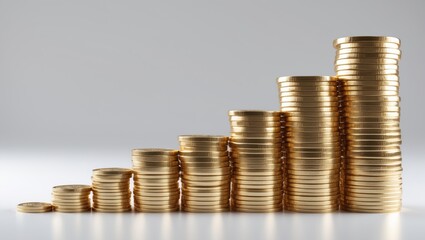 Elevating gold coin stacks against background with clip path, depicting loan, financial business, and future investment concepts