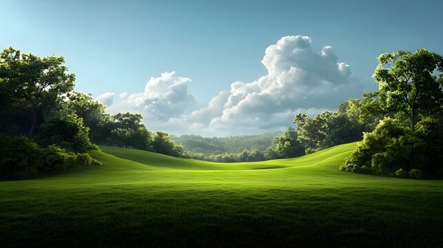 Pastoral countryside landscape with rolling hills and lush meadows