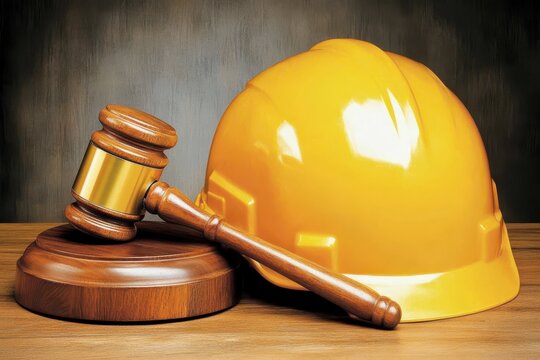 Gavel and Hard Hat Still Life on Wood Surface Emphasizing Construction Law and Legal Issues in the Industry