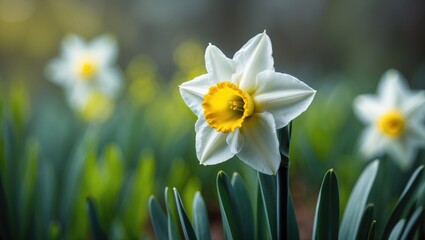Fototapeta premium Macro shot of a lively yellow daffodil in full bloom with an out-of-focus background