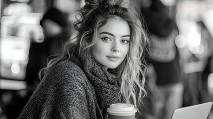Portrait of a Young Woman with Long Hair in a Grey Sweater, Holding Coffee
