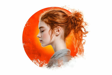 Portrait of a Young Woman with Red Curly Hair Against an Orange Sunset Background