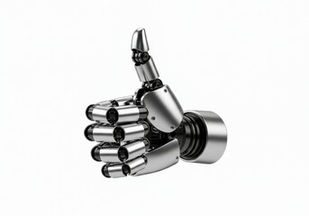 A futuristic robot hand giving a thumbs up on a clean white background, symbolizing approval and technological advancement