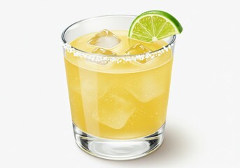 Refreshing margarita cocktail with ice cubes and a lime wedge on a white background