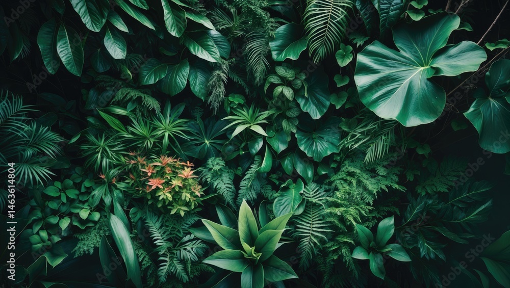 Poster macro shot of green leaves and foliage textures against an abstract nature background with exotic bo