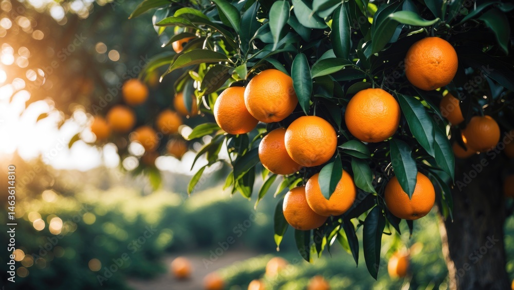 Poster horizontal view of an orange tree loaded with ripe fruits in sunlight