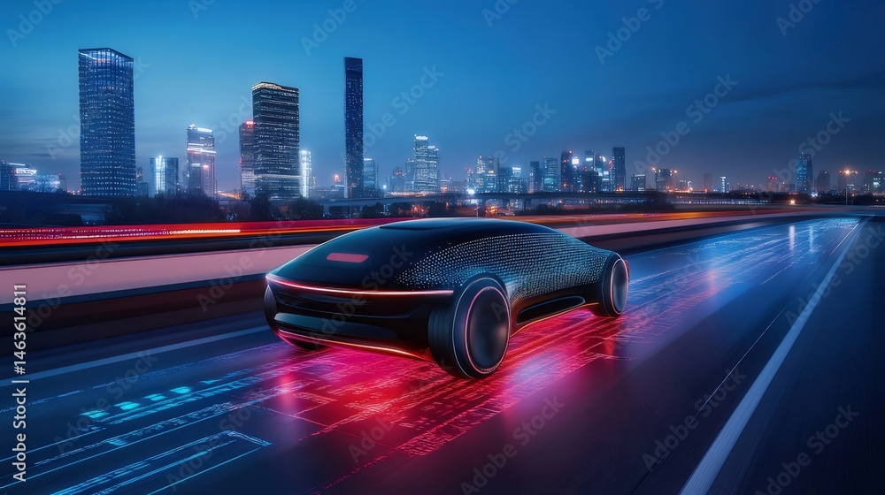 Poster 未来的な電気自動車が夜の都市高速道路を疾走 青と赤の光跡が街並みを照らす 先進技術と都市交通の融合を示す画像