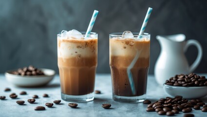 Two glasses of freshly prepared ice latte