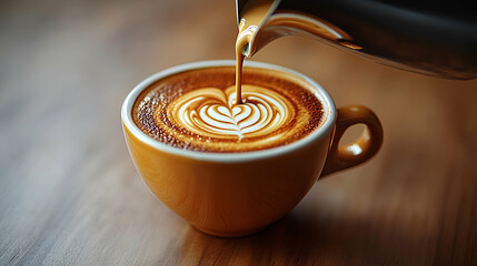 Pouring Latte Art Coffee into Orange Mug on Wooden Table