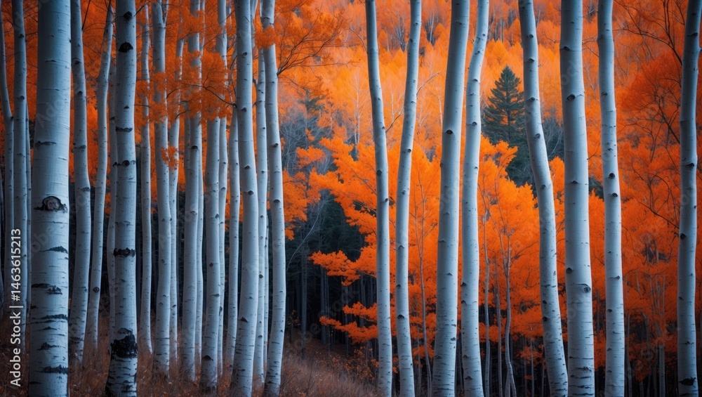 Poster thick forest of tall aspen trees featuring colorful leaves and contrasting trunks