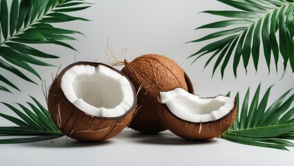 Single coconut with leaves on a neutral background