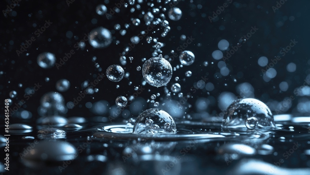 Poster Sparkling Soda Water in Motion: Bubbles and Drops Splashing Against a Black Background for a Refreshing Look
