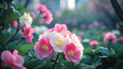 Obraz premium Fresh Begonia Flowers and Leaves in the Botanical Garden During Spring