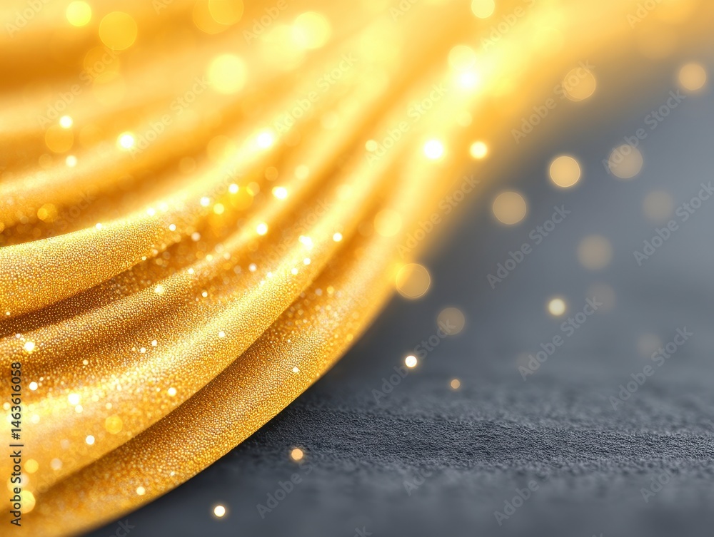 Poster sparkling golden fabric with soft bokeh effects.