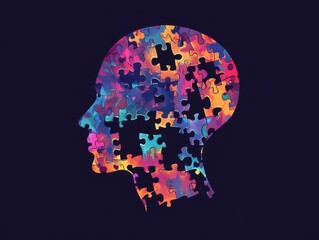 Human Head Silhouette Filled with Colorful Jigsaw Puzzle Pieces on Dark Background Digital Art Graphic