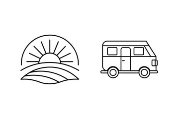 Minimalist line art depicting a sun over fields and a vintage campervan for travel concepts