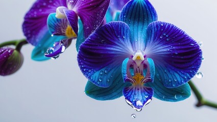 Vivid orchid flower featuring purple and blue hues with waterdrops, showcasing floral beauty and wet nature