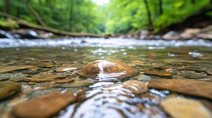 Clear River Habitat Surrounded by Lush Green Forests and Stones