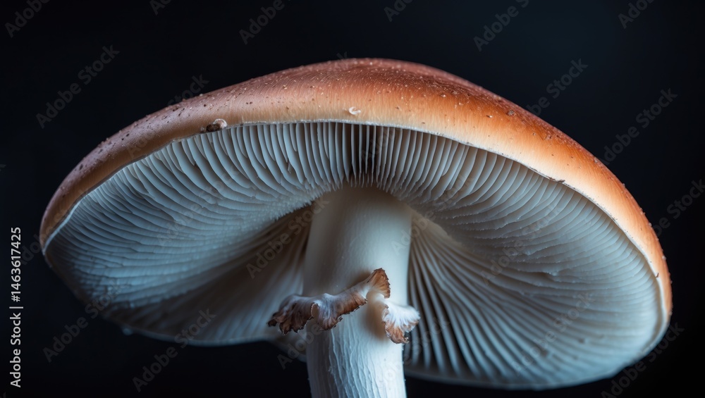 Poster macro view of a mushroom with a white stem showcasing unique texture