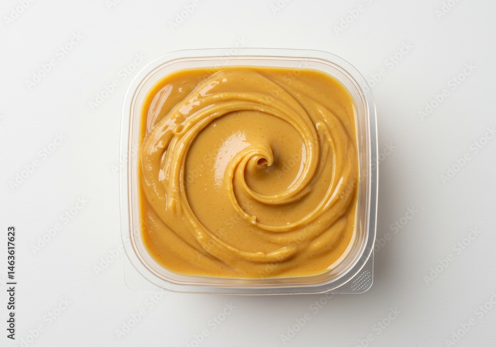 Poster overhead view of peanut butter in a plastic container with swirl design