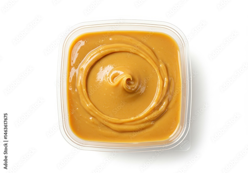 Poster overhead view of peanut butter in a clear square container on white background