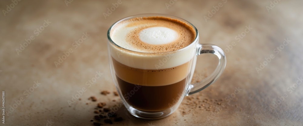 Poster intimate shot of a hot cappuccino in a glass mug, showcasing frothy milk foam and espresso on a tabl