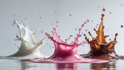Collection of colorful milkshakes with splashing motions against a white background