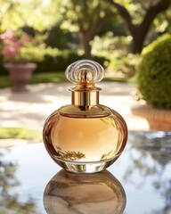 Elegant Perfume Bottle Still Life in Garden Setting Close Up Shot Luxury Beauty Product Fragrance Gold and Glass