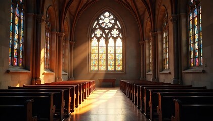 Fototapeta premium Quiet church interior, sunlight streams through stained glass, spiritual, religious