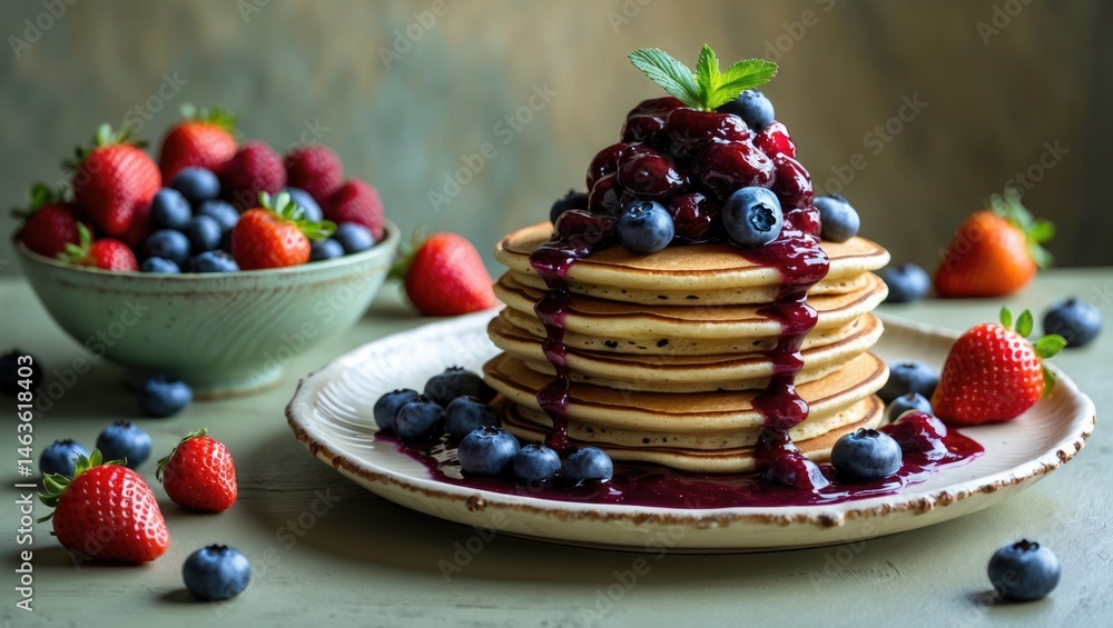 Poster pancake stack with berry fruit preserves topping on a neutral background, ideal for adding text or d