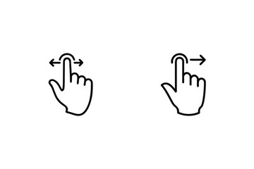 Minimalist black and white vector graphic illustrating swipe and scrolling hand gestures on a screen