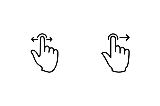 Minimalist black and white vector graphic illustrating swipe and scrolling hand gestures on a screen