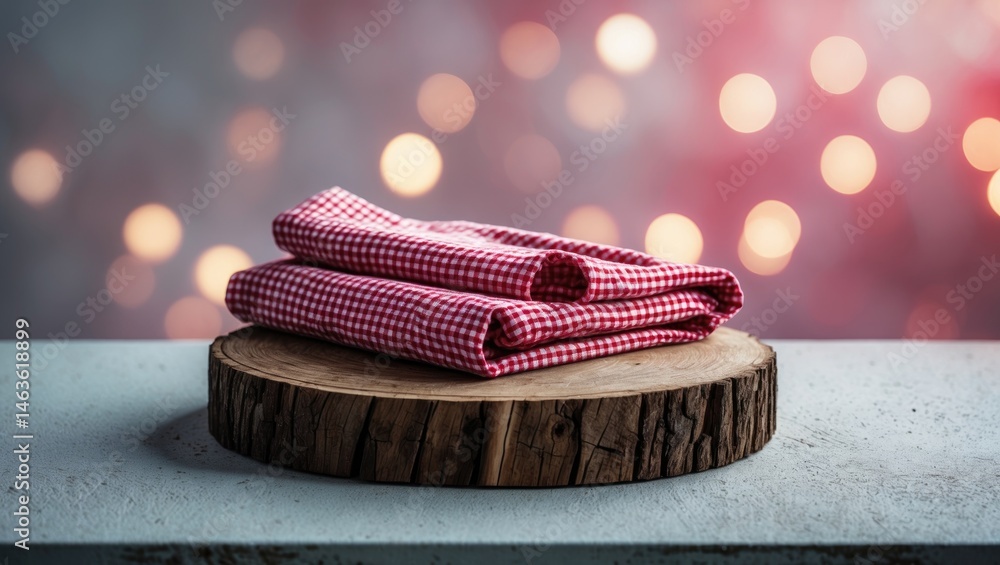 Poster empty wooden log set on a trendy table with a red checkered cloth against a colorful bokeh backgroun
