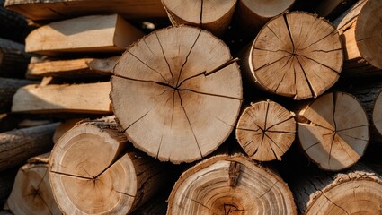 Naklejka premium A collection of stacked timber logs for construction or burning