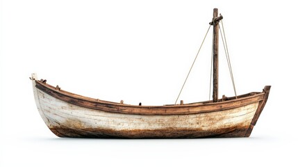 Authentic vintage wooden rowboat isolated on a pristine white background