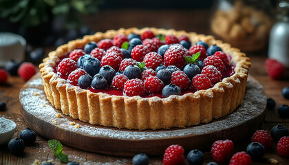 Raspberry and Blueberry Tart on Rustic Wooden Table