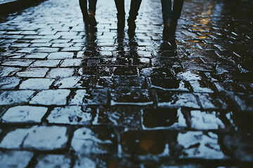Rainy Night Shadows on Wet Cobblestone Street