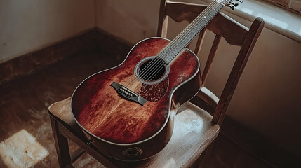 Red Acoustic Guitar on Old Wooden Chair in Rustic Room