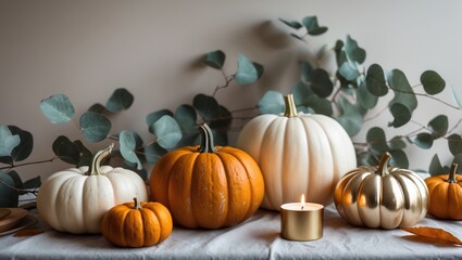 Home decor scene with pumpkins, candle, and brunch surrounded by leaves on table background, perfect for weekend setting