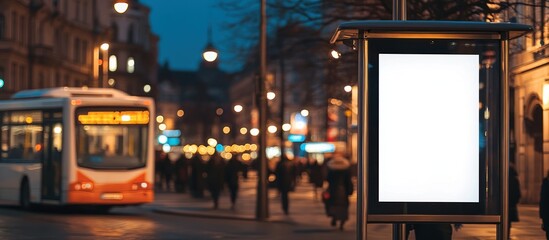 illuminated blank billboard standing prominently on a bustling cityscape street with bus, creating opportunities for tailored advertising campaigns targeting commuters