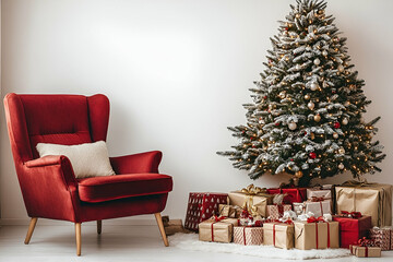 Red Armchair Near Decorated Christmas Tree and Gifts