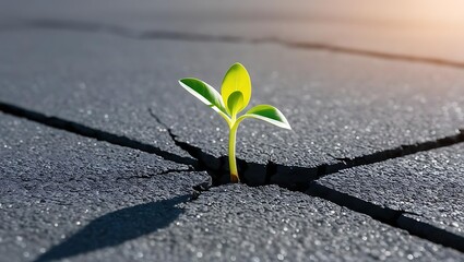 Climate action and adaptation resilience concept with a single green sprout emerging from a crack in asphalt, side-lit, shallow depth of field.