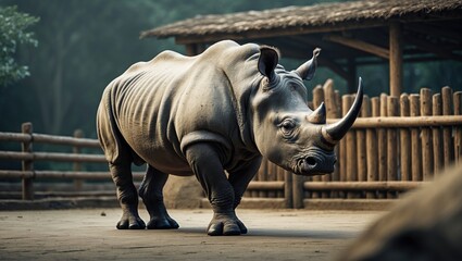 Obraz premium Wild Indian Rhinoceros moving through a zoo habitat