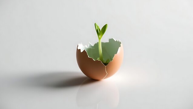 Climate action and adaptation resilience concept with a cracked egg and green shoot emerging from inside on a white tabletop, symbolizing growth.