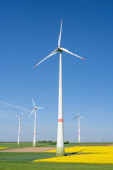 Wind turbines and green and yellow fields seen in Germany