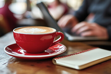 Red Cup of Cappuccino on Wooden Table with Laptop and Notebook
