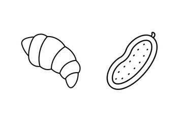 Black outline illustration of a croissant and cucumber isolated on white background in a simple design