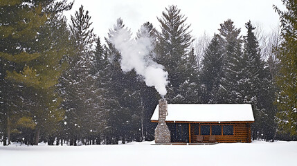 Snow Covered Log Cabin in a Winter Forest
