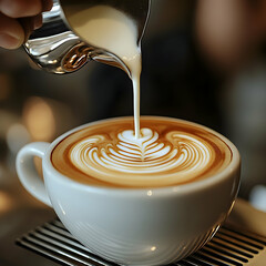Coffee latte art creation in a white cup closeup overhead view