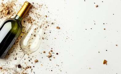 Elegant Wine Bottle And Glass On White Table Top View